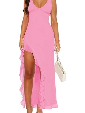 Pink Ruffle High-Slit Maxi Dress - Women's Sleeveless V-Neck